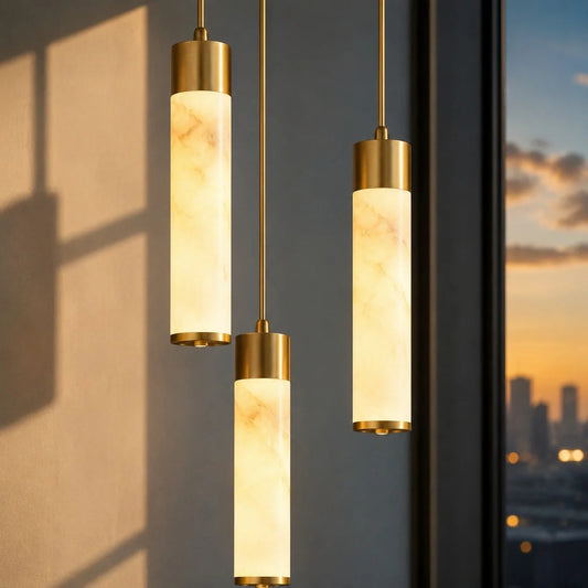 Evryn Modern Multi-Light Tall Cylinder Alabaster Pendant Lamp
