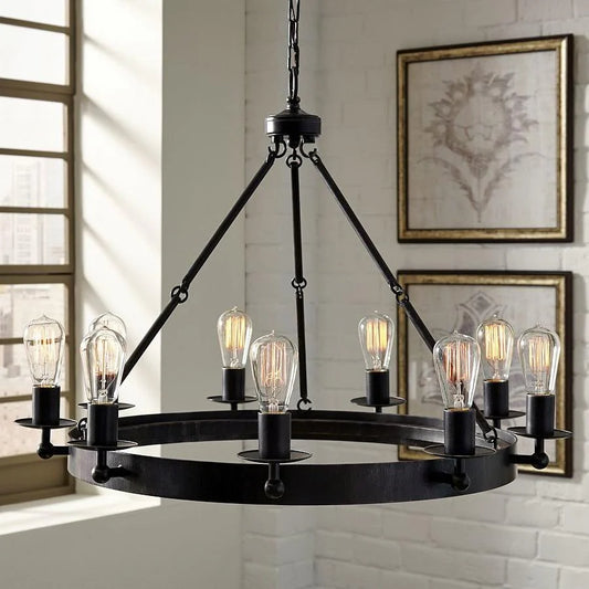 Ezra Industrial Black Metal Round Chandelier