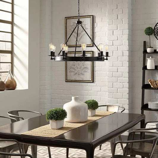 Ezra Industrial Black Metal Round Chandelier