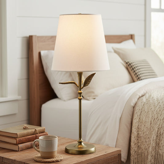 Farmhouse Antique Brass Botanical Forged Iron Linen Table Lamp