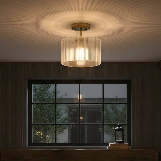 Farmhouse Ribbed Glass Drum Shade Brass Semi Flush Mount Ceiling Light