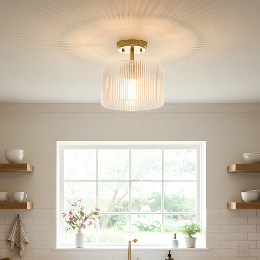 Farmhouse Ribbed Glass Drum Shade Brass Semi Flush Mount Ceiling Light