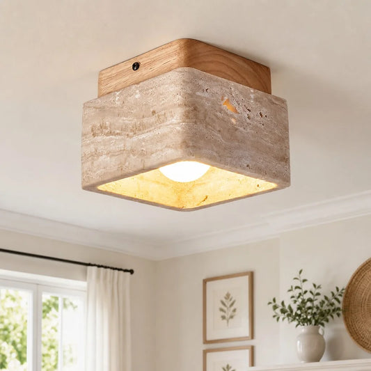 Hadrian Modern Square Travertine Wood and Stone Semi-Flush Mount Ceiling Light