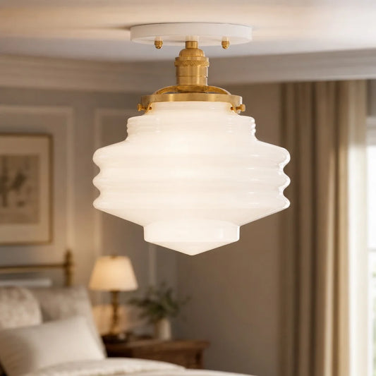 Harpl Vintage Ribbed Opal Glass Semi Flush Mount Ceiling Light