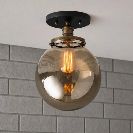 Hespera Industrial Semi-Flush Smoked Glass Globe Ceiling Light