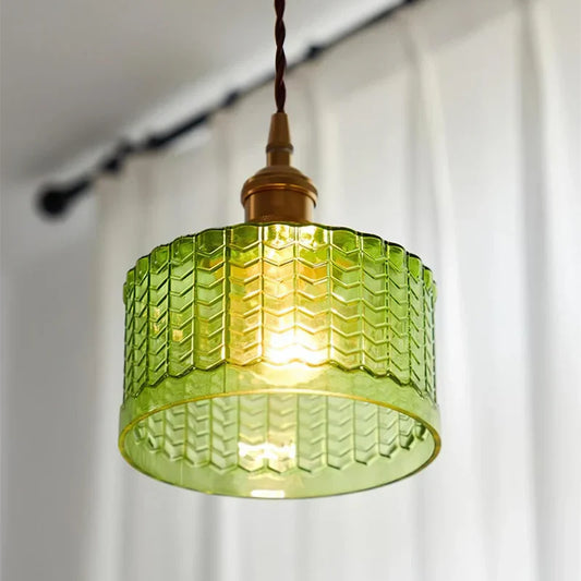 Horkos Industrial Vintage Green Embossed Glass Pendant Light