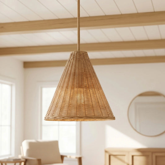 Ilario Rustic Woven Rattan Cone Pendant Light