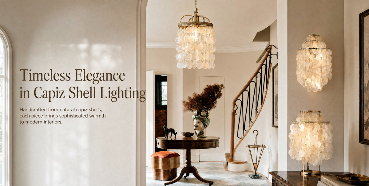 Layered Capiz shell lighting with pearlescent white surfaces