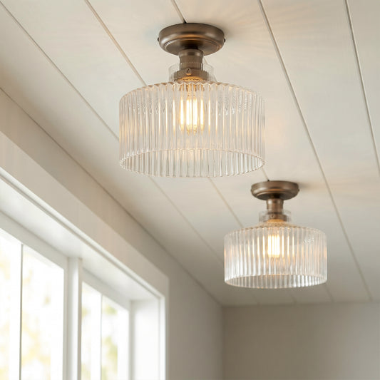 Innes Vintage Ribbed Glass Drum Flush Mount Ceiling Light