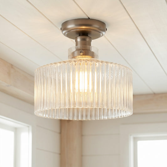 Innes Vintage Ribbed Glass Drum Flush Mount Ceiling Light