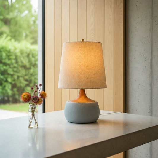 Jesslyn Mid-Century Natural Linen Solid Wood Concrete Table Lamp For Bedroom