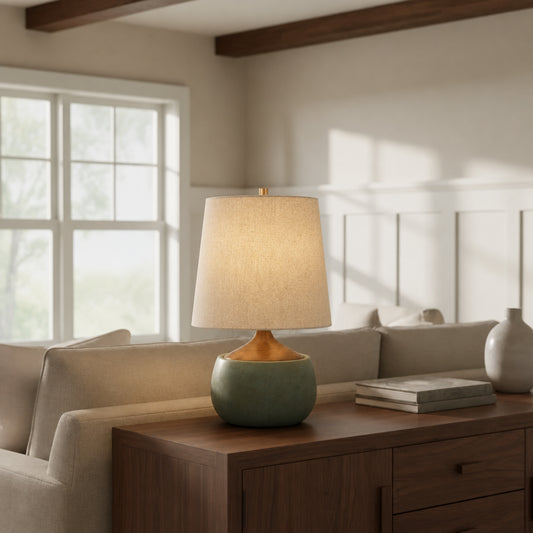 Jesslyn Mid-Century Natural Linen Solid Wood Concrete Table Lamp For Bedroom