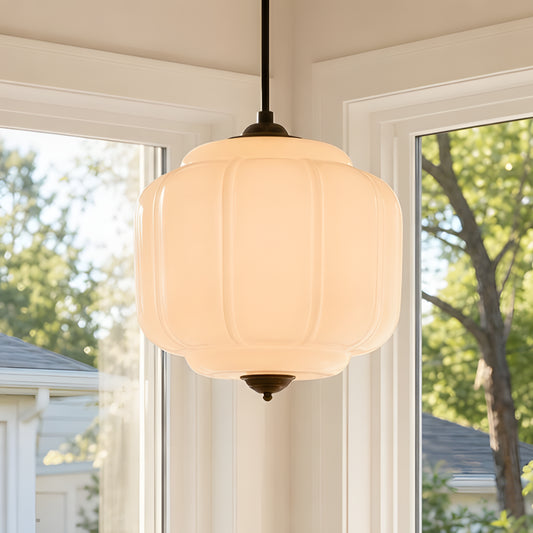 Jovan Vintage Scallop Milk Glass Oiled Brass Pendant Light