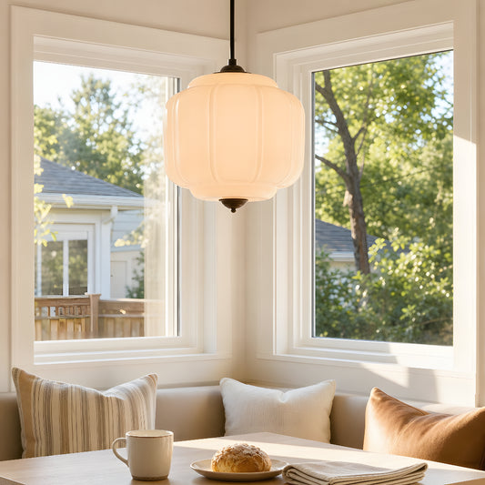 Jovan Vintage Scallop Milk Glass Oiled Brass Pendant Light