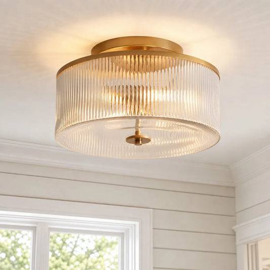 Jynara Modern Farmhouse Drum Shade Ribbed Glass Semi Flush Mount Ceiling Light for Kitchen