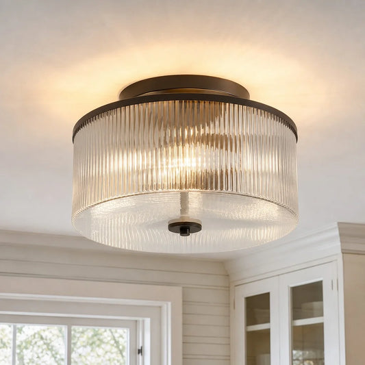 Jynara Modern Farmhouse Drum Shade Ribbed Glass Semi Flush Mount Ceiling Light for Kitchen