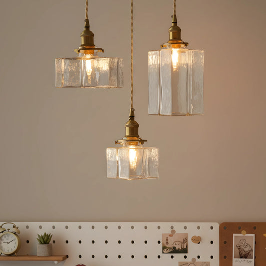 Kova Japandi Minimalist Brass Cube Glass Pendant Light
