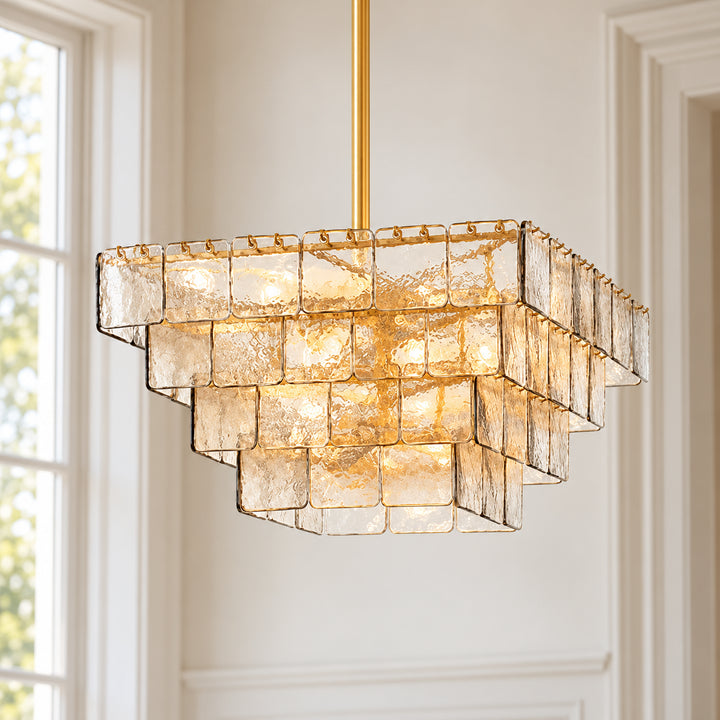 Kythara Modern Stacked Ripple Glass Square Chandelier