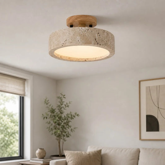 Liliey Minimalist Circular Travertine Wood Ceiling Light