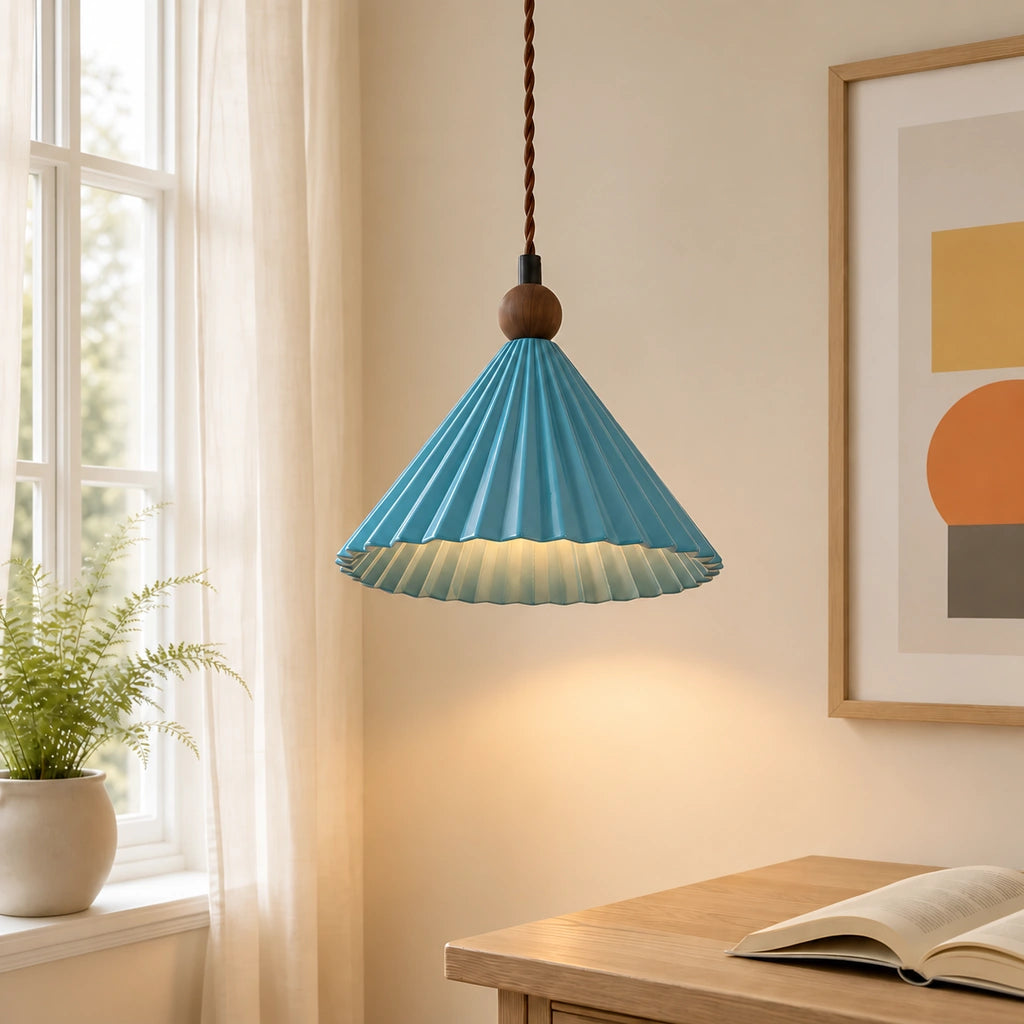 Lillian pleated ceramic pendant light - Blue - view 04