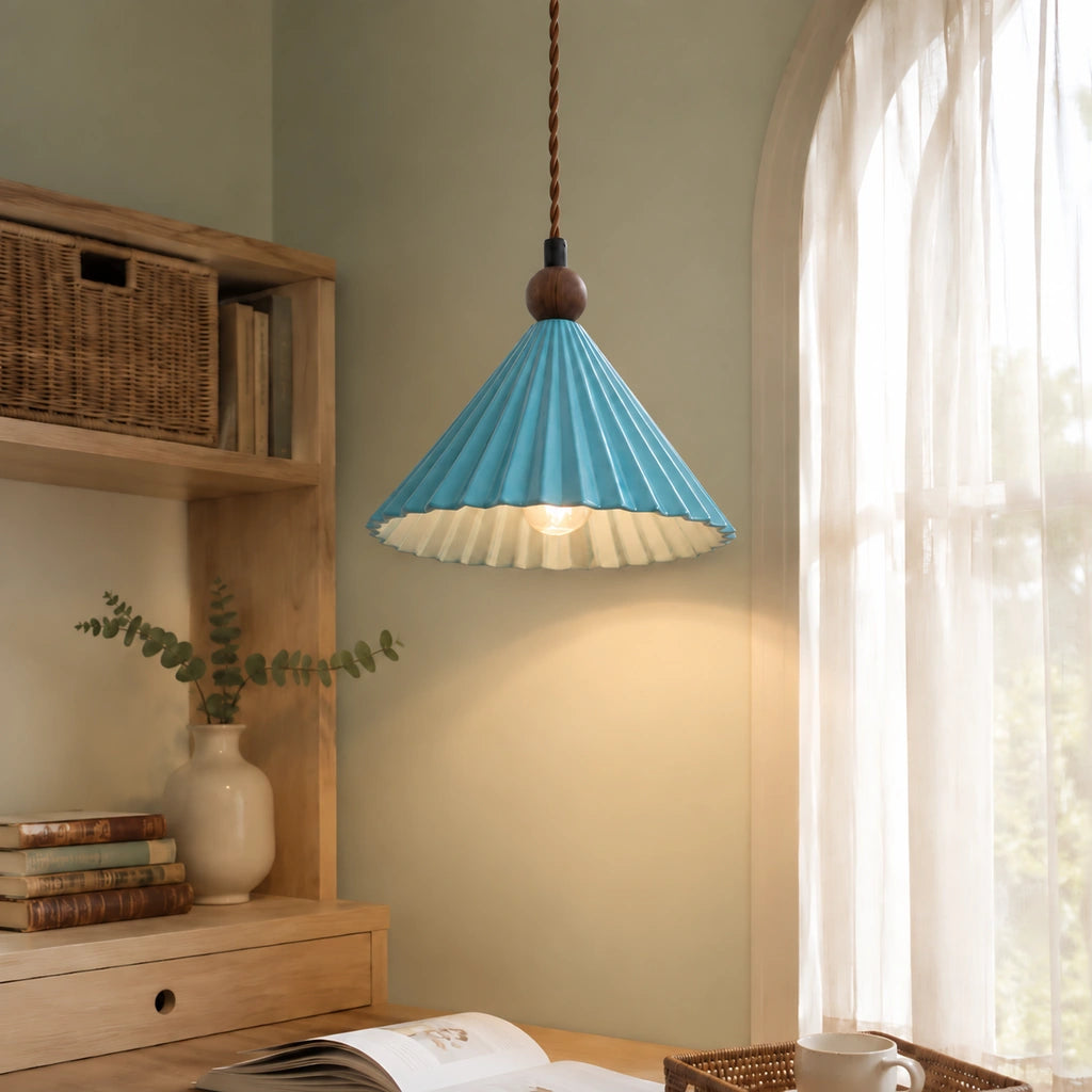 Lillian pleated ceramic pendant light - Blue - view 06