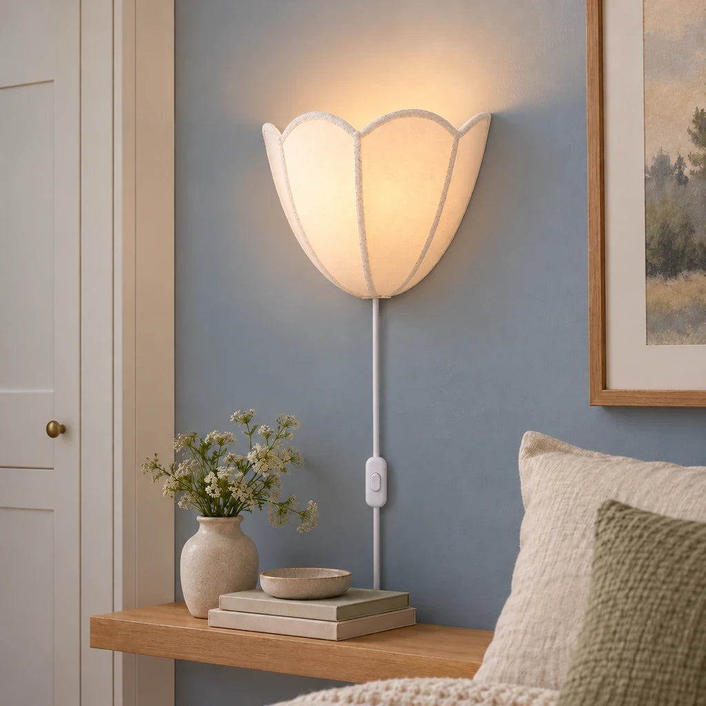 Linnea Fabric Flower Plug-In Wall Sconce white cord view 2