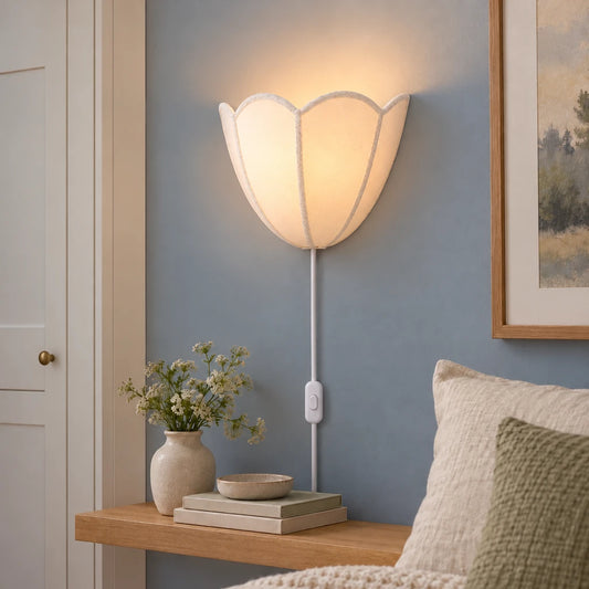 Linnea Fabric Flower Plug-In Wall Sconce white cord view 2