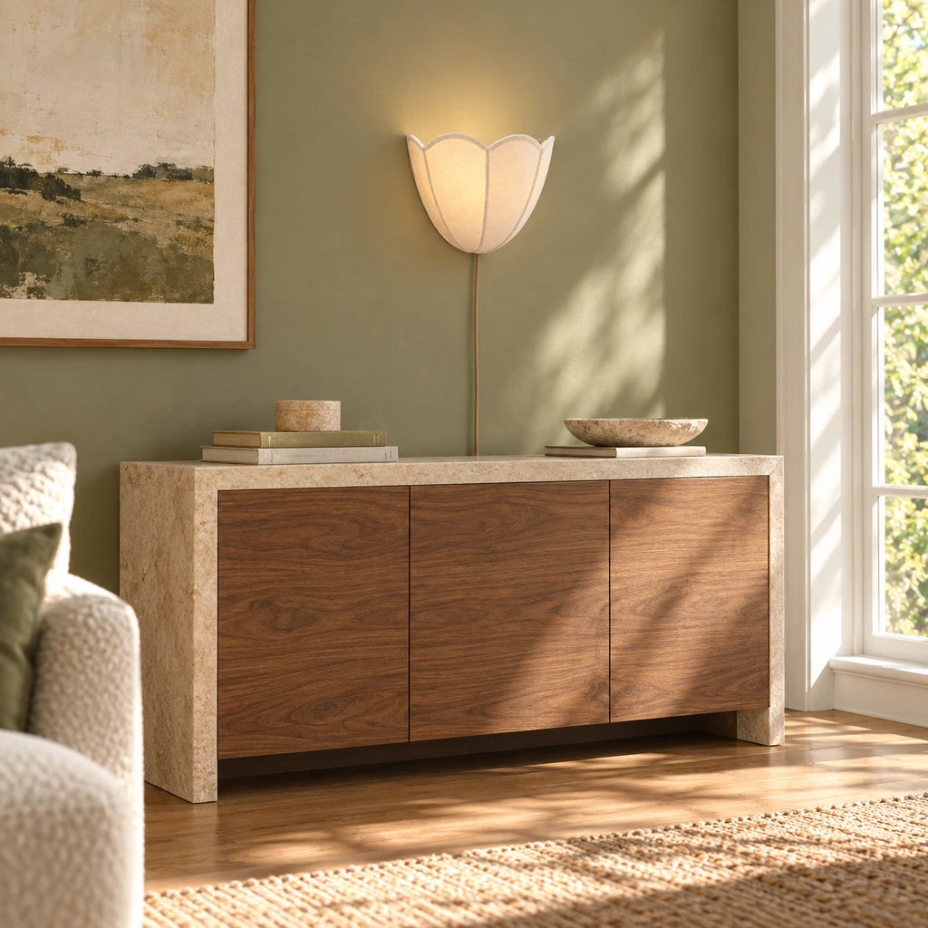 Linnea Fabric Flower Plug-In Wall Sconce, installed living room scene