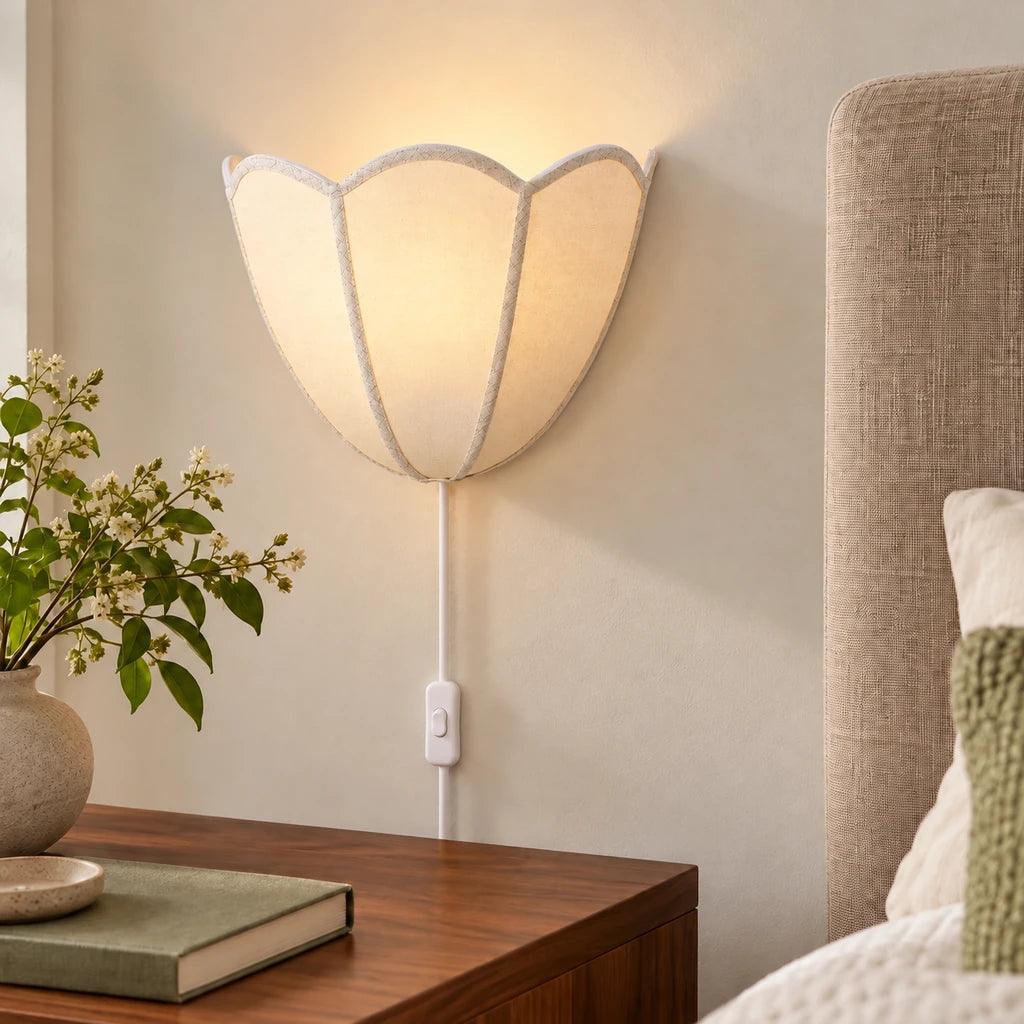 Linnea Fabric Flower Plug-In Wall Sconce white cord view 4