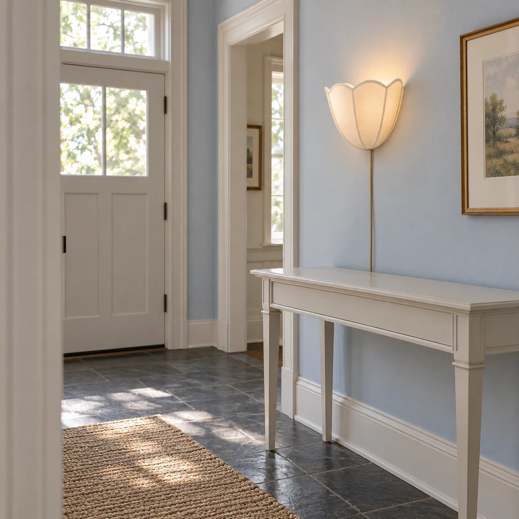 Linnea Fabric Flower Plug-In Wall Sconce, installed entry scene
