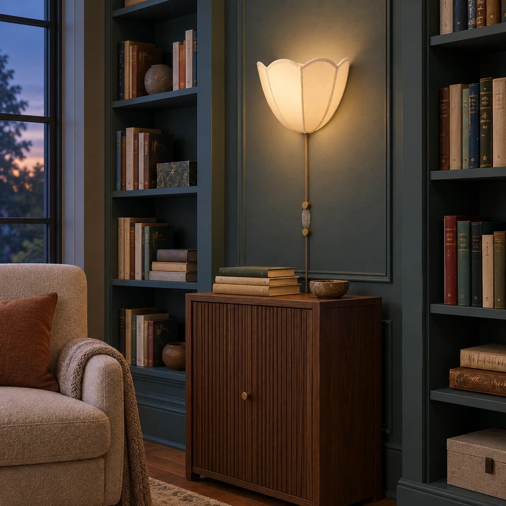 Linnea Fabric Flower Plug-In Wall Sconce, installed evening library scene