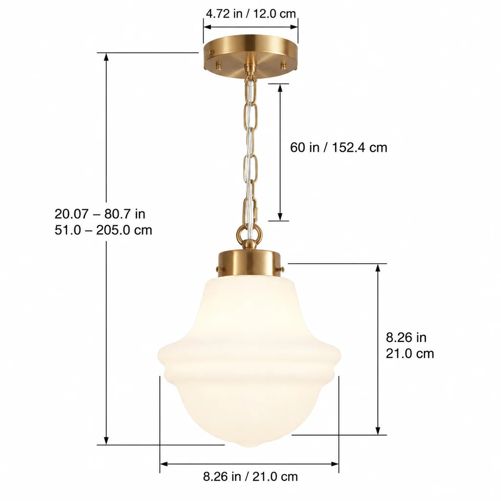 Liora 1-Light Schoolhouse Frosted Opal Glass Pendant Light, dimension diagram with inch and centimeter measurements
