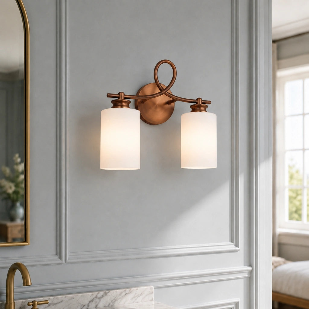 Lioran Industrial Looped Arm 2-Light Milk Glass Vanity Light - corrected copper finish - view 6