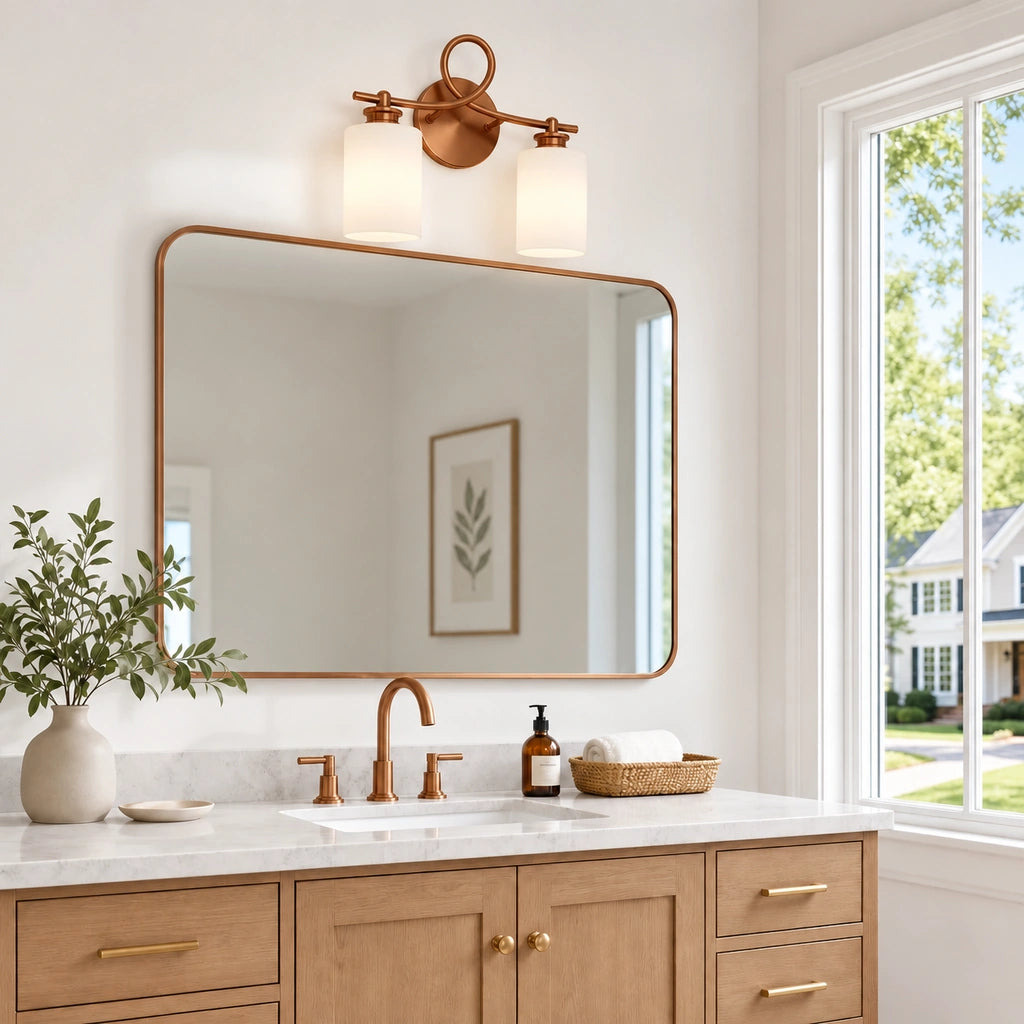 Lioran Industrial Looped Arm 2-Light Milk Glass Vanity Light - corrected copper finish - view 9
