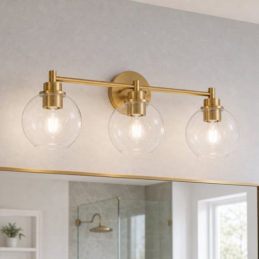 Logan Modern Brass Clear Glass Bathroom 2/3/4 Light Vanity Wall Sconce