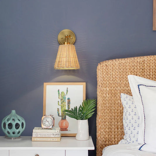 Lunaris Rustic Rattan Cone Swing Arm Wall Sconce