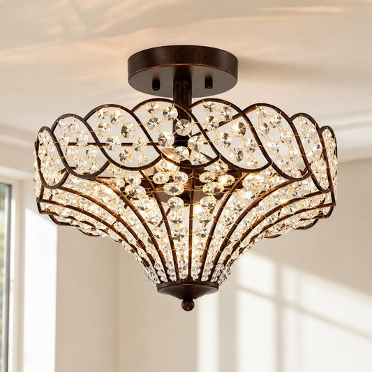 Malric Vintage Rustic 4-Light Crystal Bronze Ceiling Light