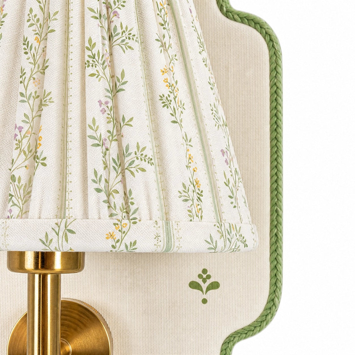 Maribel Vintage Floral Fabric Wall Sconce, close detail of the pleated floral cotton shade and metal holder