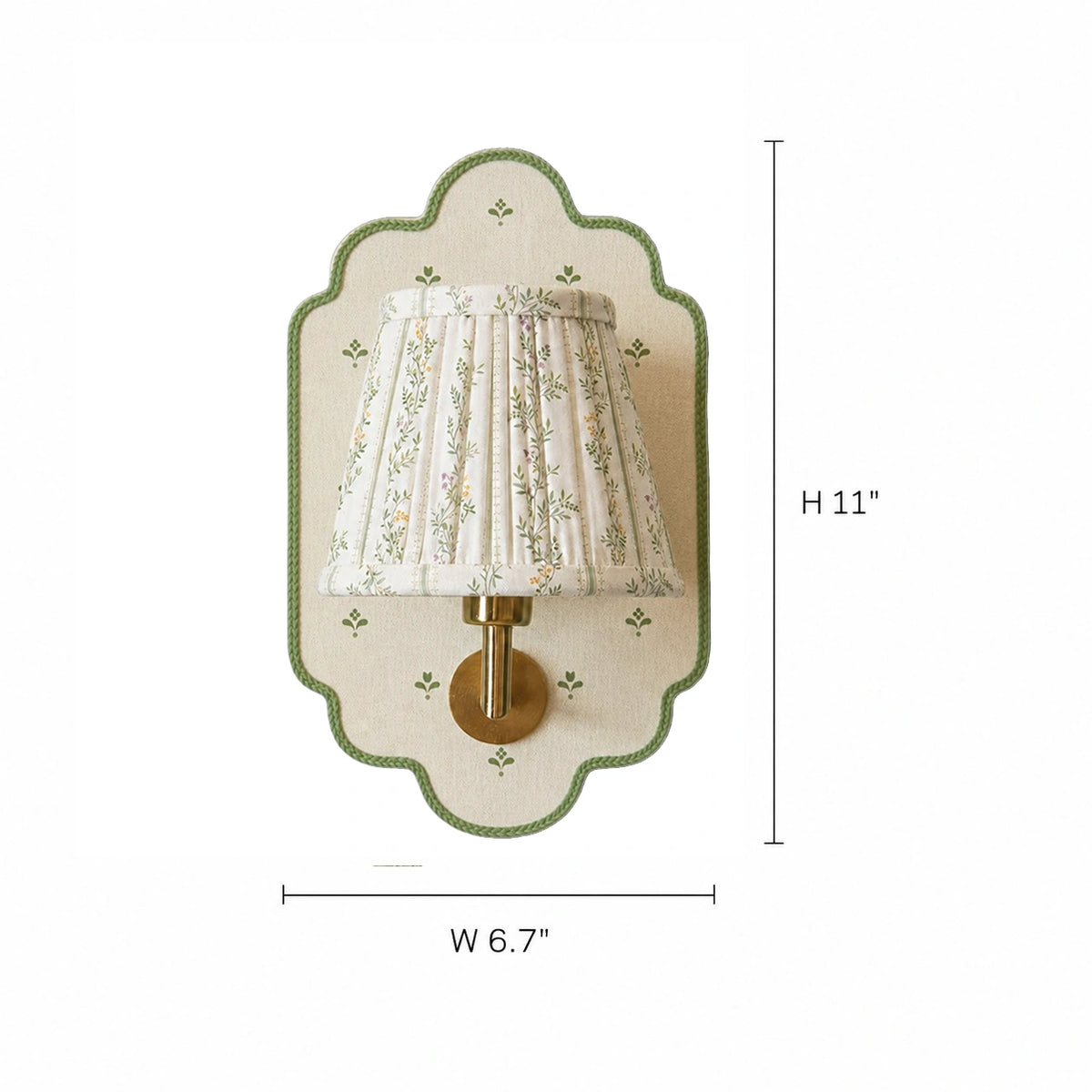 Maribel Vintage Floral Fabric Wall Sconce, front dimension diagram showing width 6.7 inches and height 11 inches