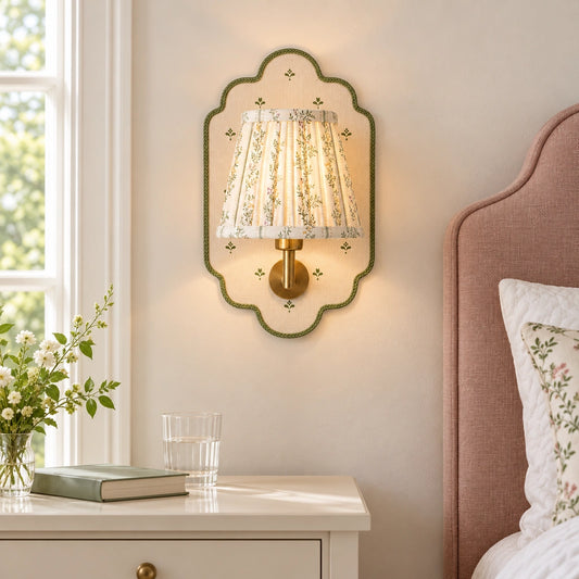 Maribel Vintage Floral Fabric Wall Sconce, illuminated beside a cream bedroom nightstand
