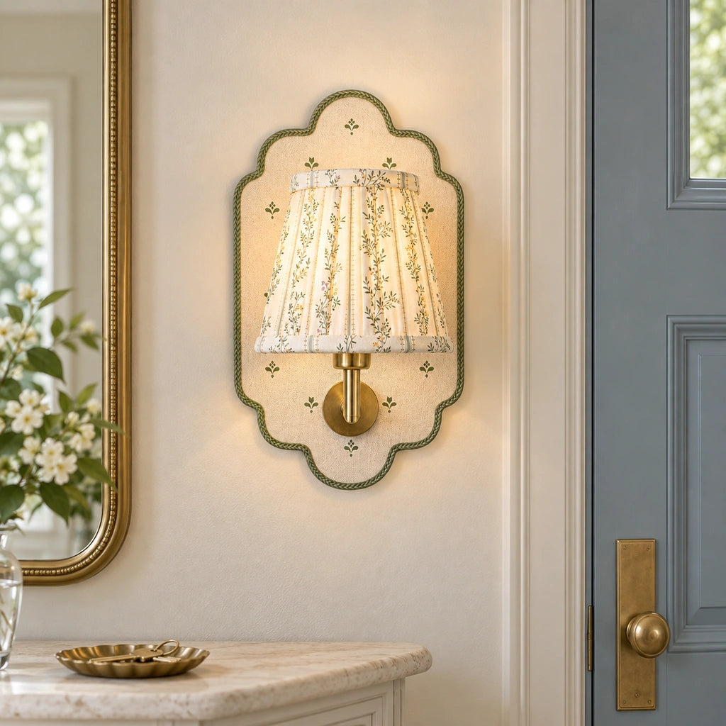 Maribel Vintage Floral Fabric Wall Sconce, illuminated above an entryway console