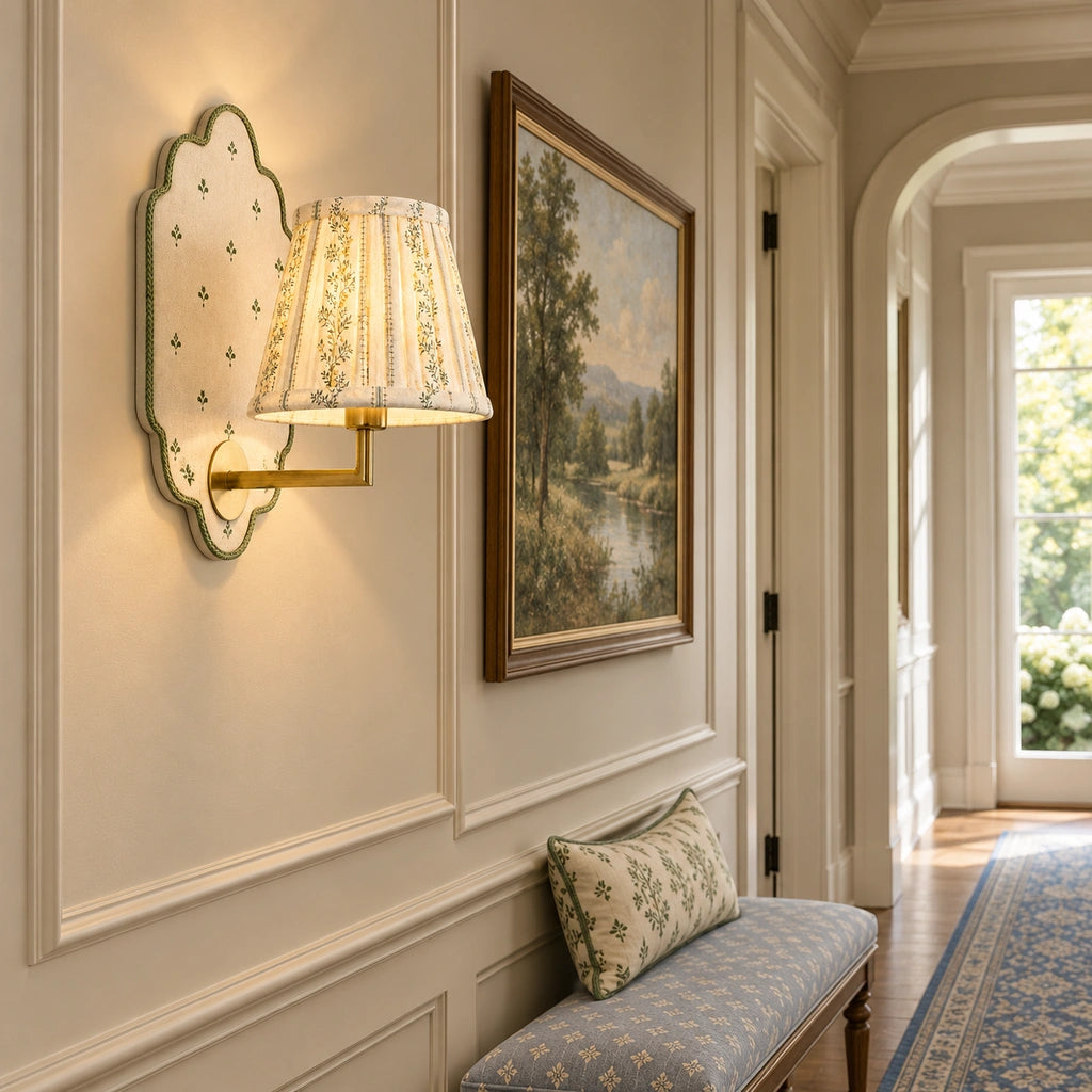 Maribel Vintage Floral Fabric Wall Sconce, installed on a paneled hallway wall