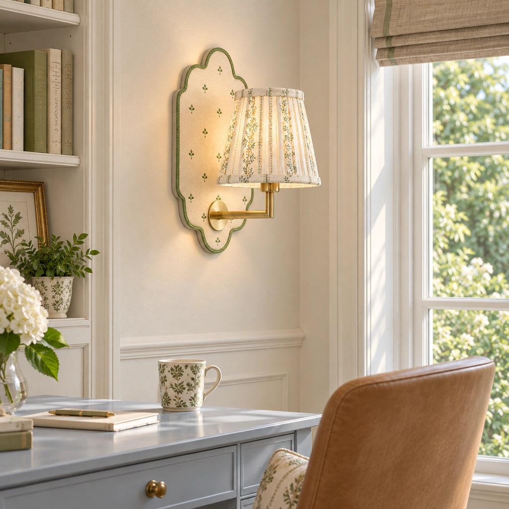 Maribel Vintage Floral Fabric Wall Sconce, installed beside a study window