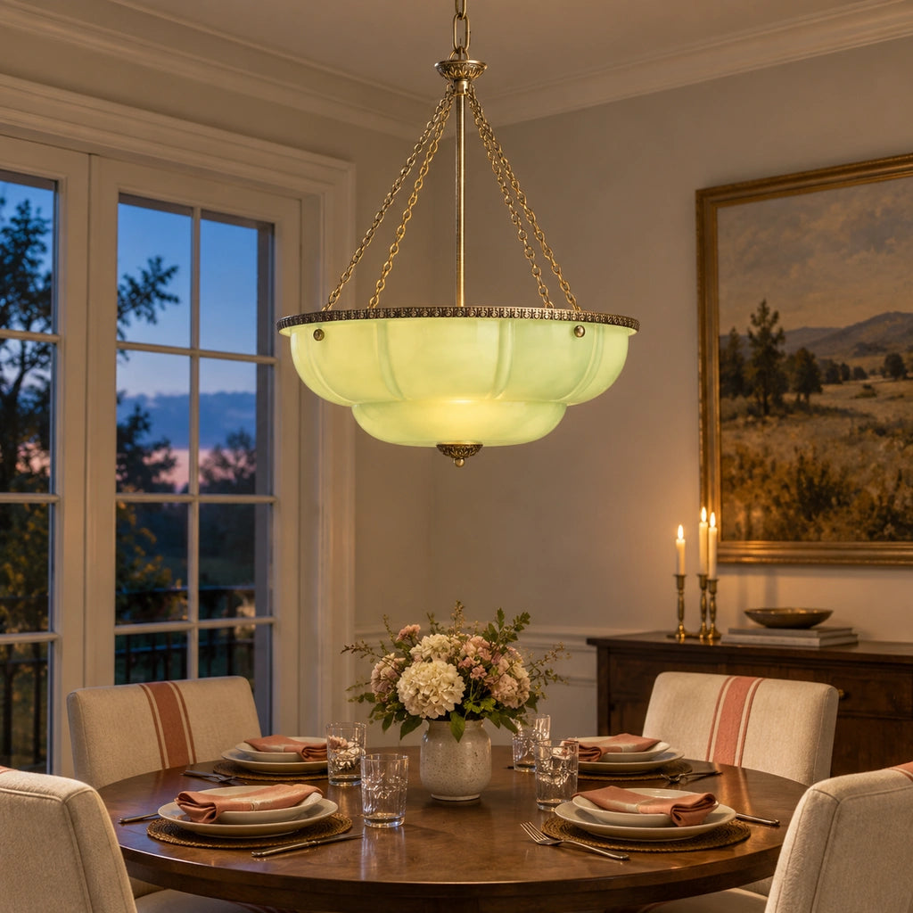 Maribel scalloped milk glass chandelier, Green - night scene 31 (green-night)