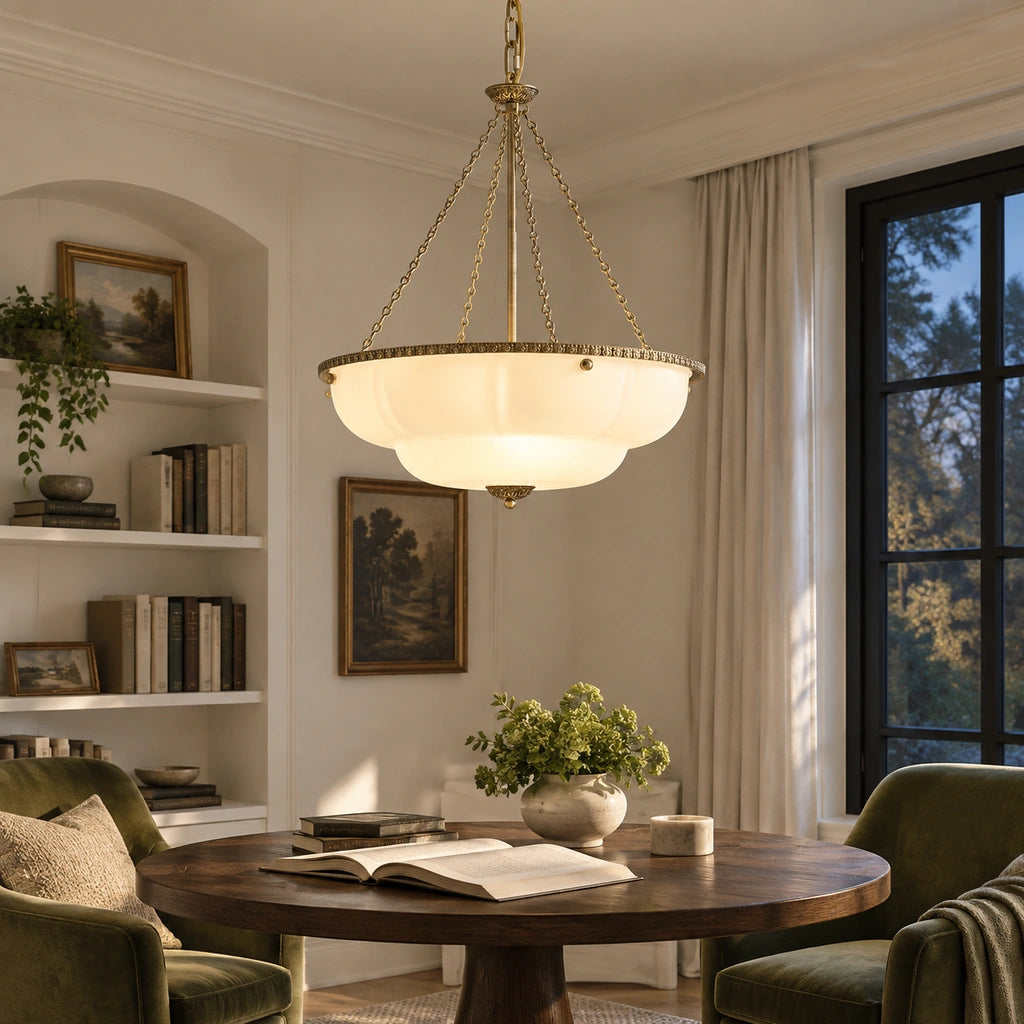 Maribel scalloped milk glass chandelier, White - night scene 16 (white-night)