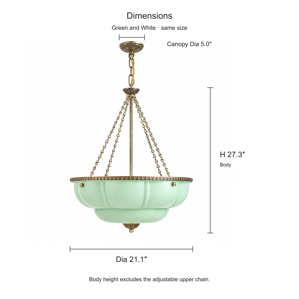 Maribel scalloped milk glass chandelier dimensions, Dia 21.1 inches by H 27.3 inches; canopy Dia 5.0 inches