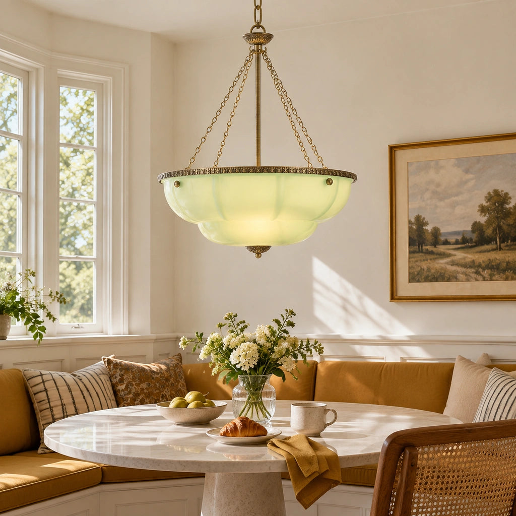 Maribel scalloped milk glass chandelier, Green - close scene 32 (green-close-1)