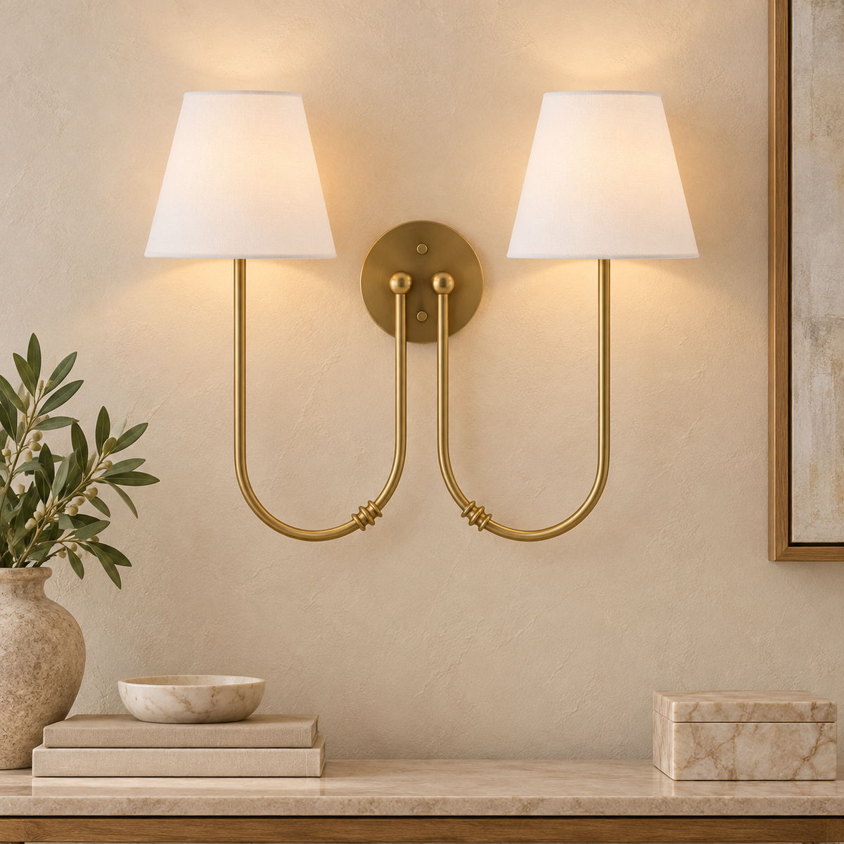 Marielle Double Arm Linen Shade Wall Sconce, Brass installed SKU image