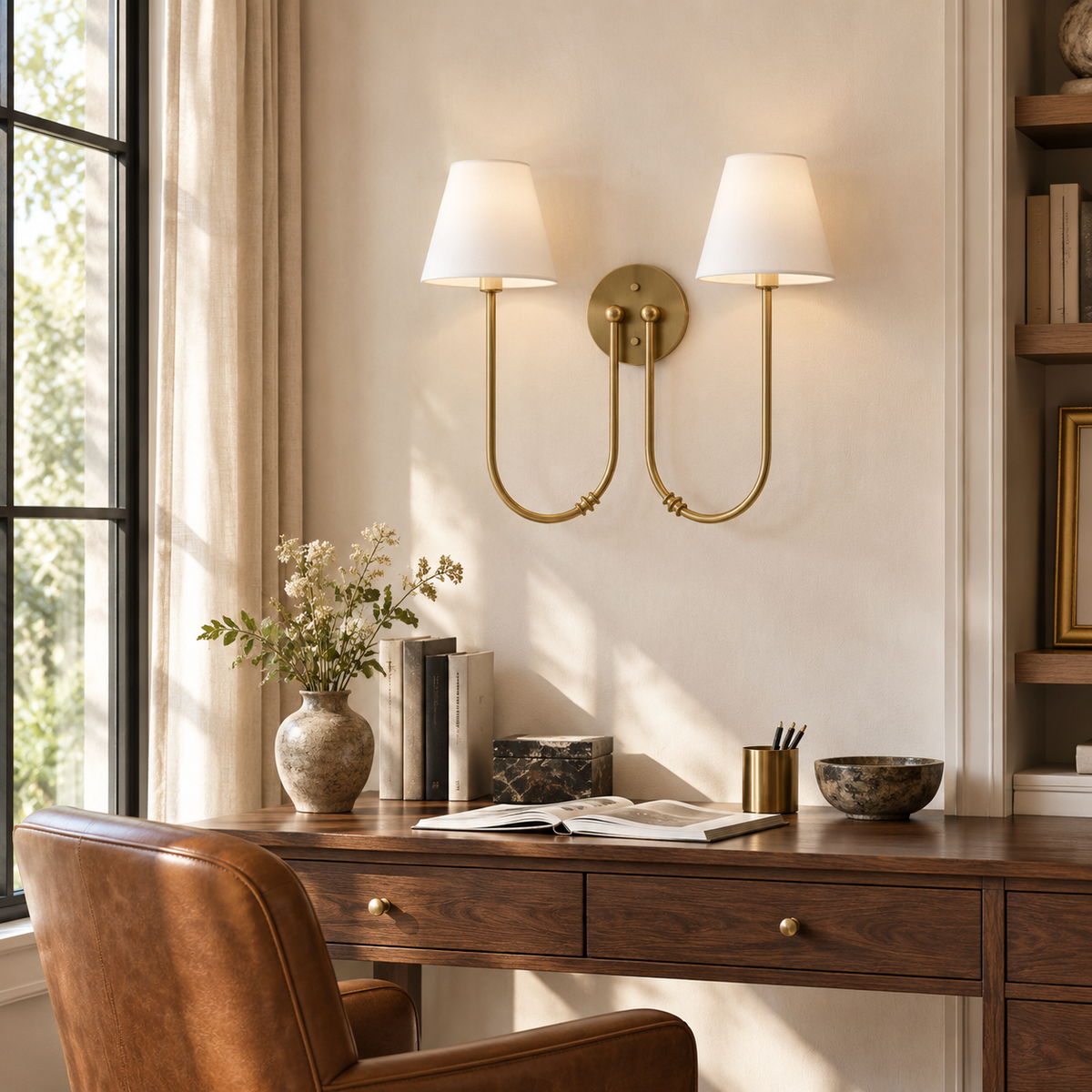 Marielle Double Arm Linen Shade Wall Sconce, Brass office scene