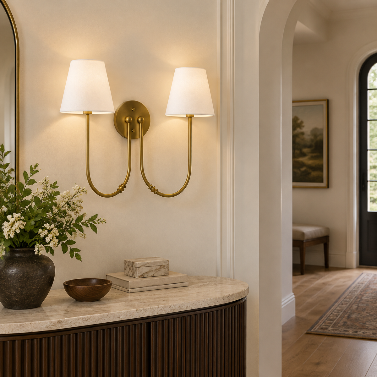 Marielle Double Arm Linen Shade Wall Sconce, Brass entry scene